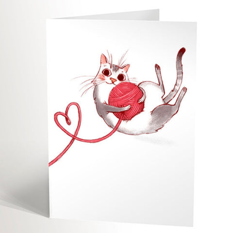 Carte de souhaits - Chat gris avec balle de laine