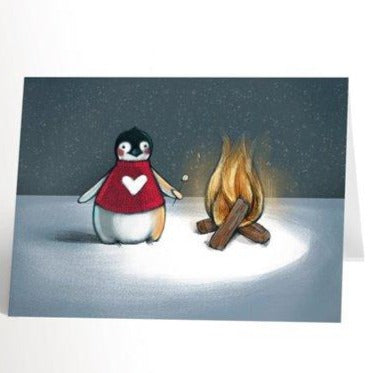 Carte de souhaits - Pingouin et feu de camp