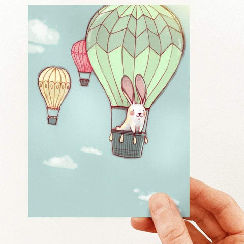 Carte de souhaits - Lapin en montgolfière