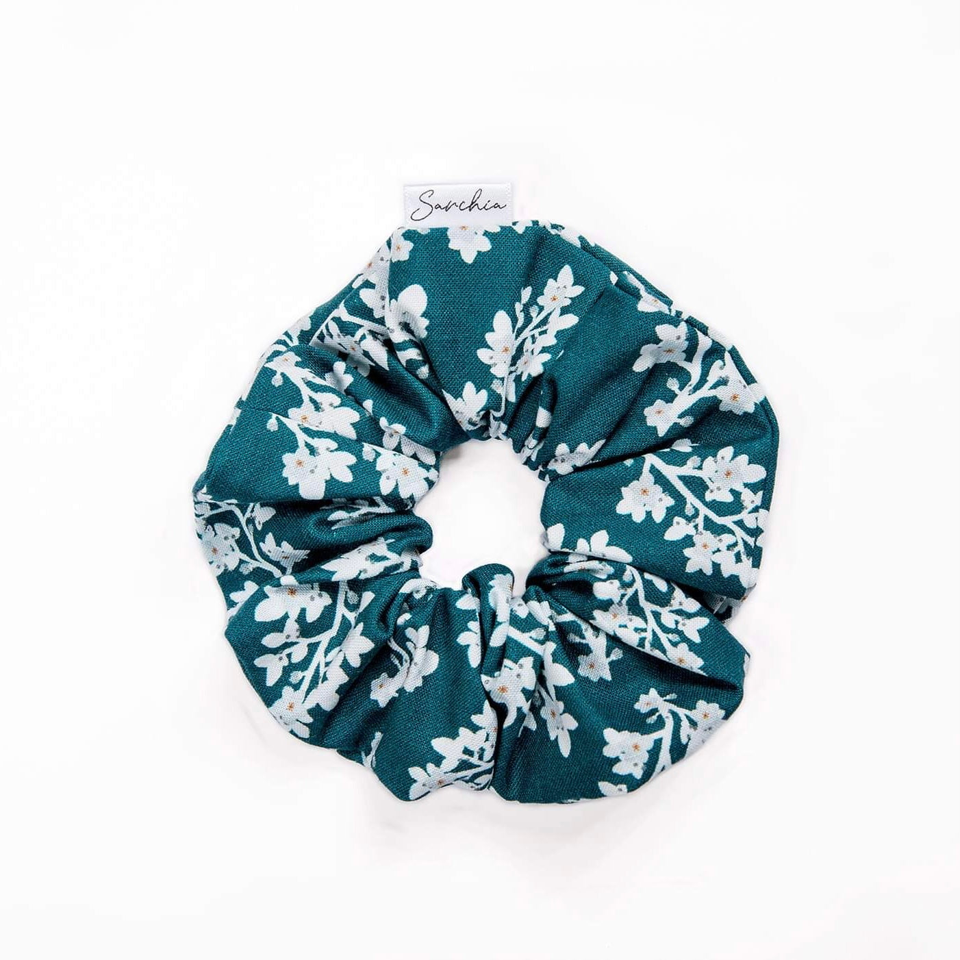 Chouchou en coton - Fleurs blanches/Turquoise