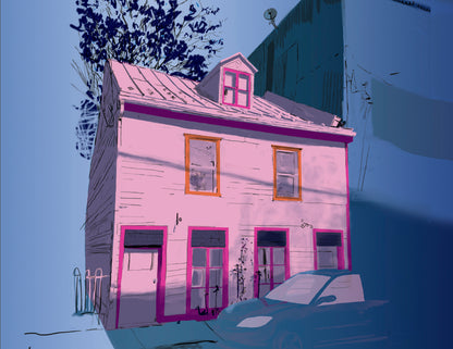 Illustration postale - Maison rose